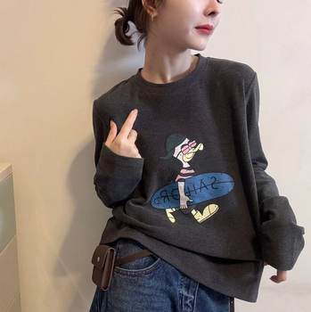 Winter Korean-Style Cartoon Duck Print Trendy Loose-Fitting Thermal Thickened Base Layer Long-Sleeve T-Shirt for Women