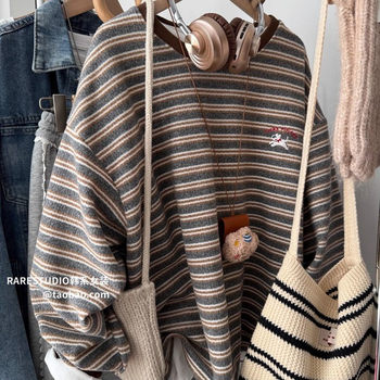Autumn and Winter New Korean Style Soft Plush Embroidered Puppy Versatile Striped Lazy Chic Loose Casual Sweatshirt for Women