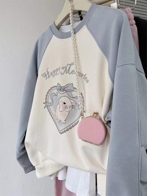 2024 Spring New Contrast Color Round Neck Top Women's Love Bunny Loose Raglan Pleated Sleeve Thin Sweatshirt Jacket