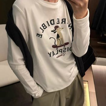 European Style Letter and Puppy Print Brushed T-Shirt 2025 Winter New Women's Simple Fashion Age-Reducing Round Neck Top