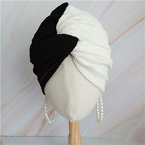 Clearance European and American retro simple contrast color stitching party personality pleated dark flower Muslim headscarf head cap