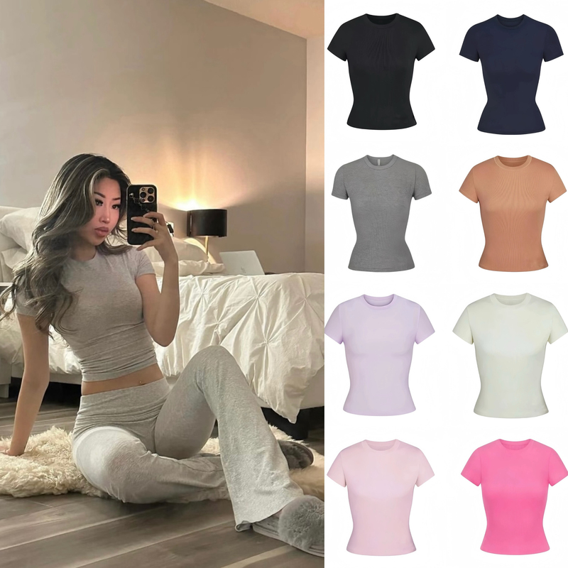 Skims Kardashian Style Cotton Rib Ribbed Cotton Short-Sleeved Elastic Round Neck Shapewear Top T-Shirt for Women