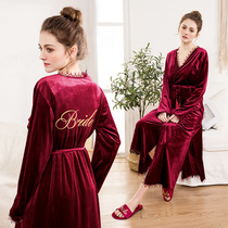 Wedding bride Gold velvet nightgown Winter Bridesmaid party Pajamas Party morning gown Medium long nightgown suit Morning gown woman