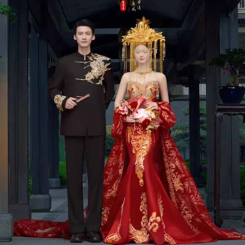 New Style Photo Studio Couple Photography Theme Red Bride Retro Chinese Style Heavy Craftsmanship Light Luxury Dragon and Phoenix Gown Engagement Dress