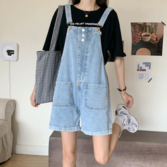 Real photo 2021 early spring denim suspenders women's Korean loose slim shorts student Jumpsuit