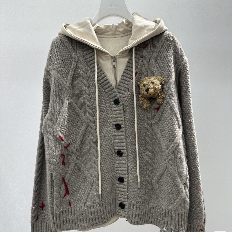 2026 Autumn New Women's Casual Bear Hooded Knitted Sweater Jacket