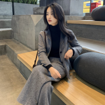 Herringbone Cashmere Short woolen coat womens double-sided suit suit set woolen jacket wide leg pants 2-piece set