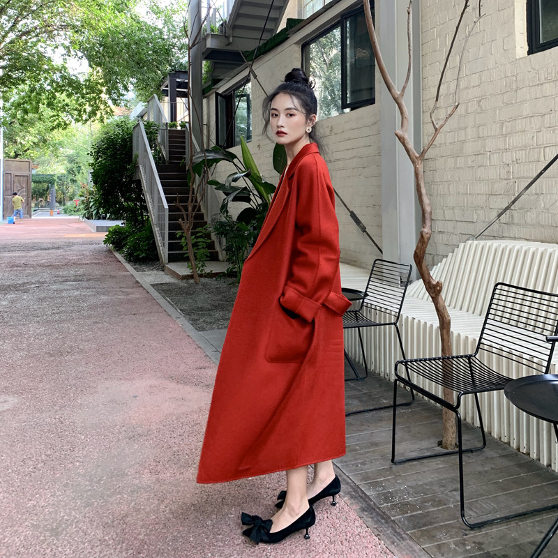 2020 autumn and winter new high-end water ripple double-sided cashmere coat women's long version of 100% wool loose coat