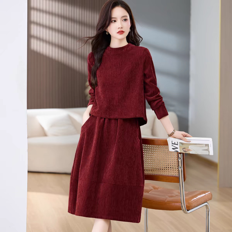 High-End Wine Red Casual Suit Skirt for Women 2026 Spring and Autumn New Style Elegant Long-Sleeved Top and Skirt Two-Piece Set