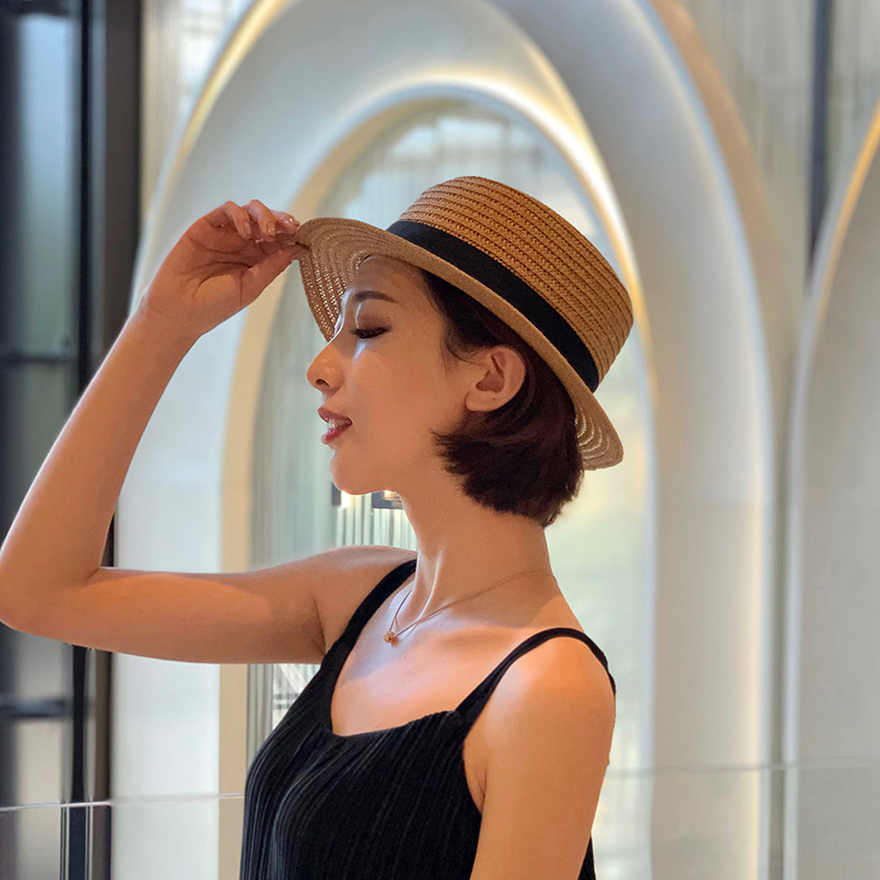 Travel Hat for Women, Sun Protection Flat-Top Hat, British Style Sun Hat, Vacation Korean Style Straw Hat, Fresh and Simple Travel Hat for Women, Sun Protection Flat-Top Hat, British Style Sun Hat, Vacation Korean Style Straw Hat, Fresh and Simple