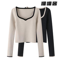 2022 spring new Korean version of simple slim square collar long sleeve sweater T-shirt women