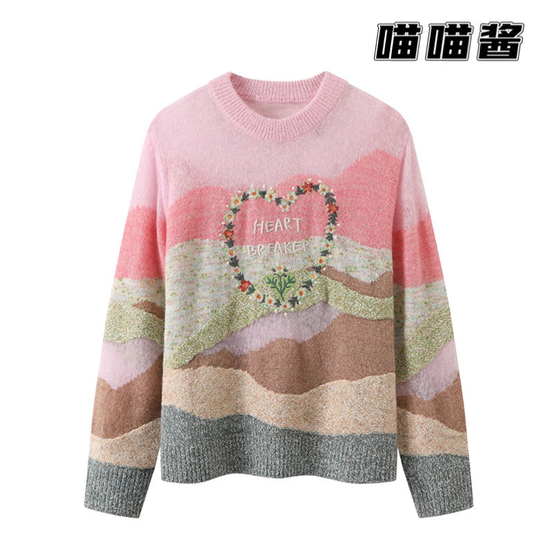 2022 spring new love flower embroidery rainbow stripe knitwear sweater women 3E1E431