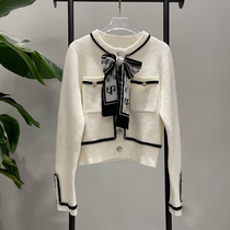 P90106260 Spring New French Small Fragrant Style White Sweater Female Temperament Bow Knitted Shirt Jacket
