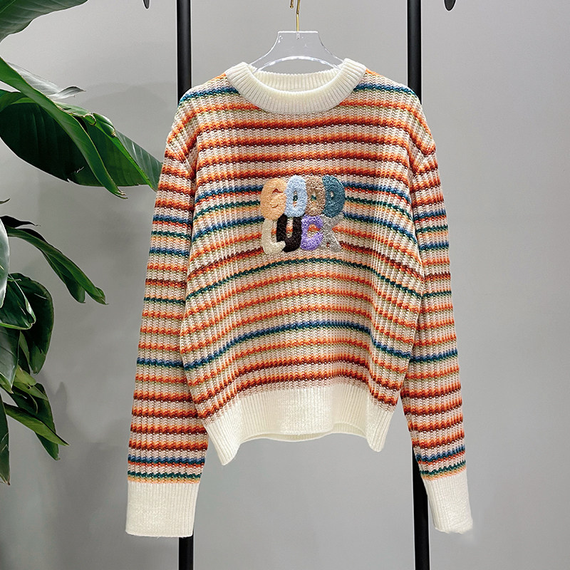 3E1E406 Spring New Womens Fashion Romantic Rainbow Knife Sweater Embroidered Strip Head Sweater