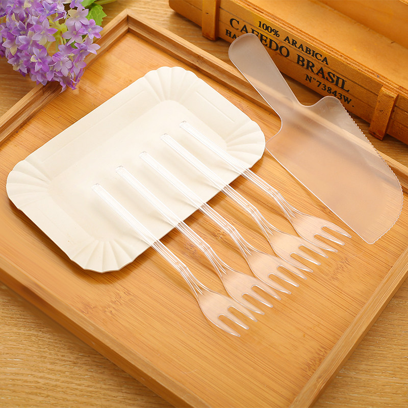 Three-in-one Cake Cutlery Sets Plastic Disposable Cake Knife Fork Tray Suit Birthday Cake fork Dish Combination