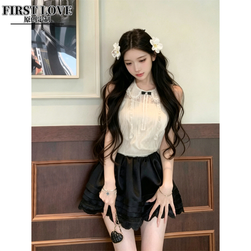 Midsummer Dreamcatcher Jor*A Sleeveless Doll Collar Heavy-Duty Mesh Elegant Top and Black Puffy Short Skirt Two-Piece Set Midsummer Dreamcatcher Jor*A Sleeveless Doll Collar Heavy-Duty Mesh Elegant Top and Black Puffy Short Skirt Two-Piece Set