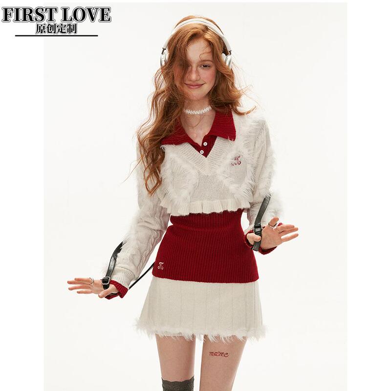 College Style Short Sweater Autumn and Winter New High-End Elegant Jacket Top Patchwork Pit Short Skirt Pants Three-Piece Set
