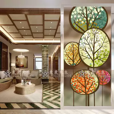 Modern art glass screen partition double-sided living room shoe cabinet European porch TV background wall abstract wealth tree