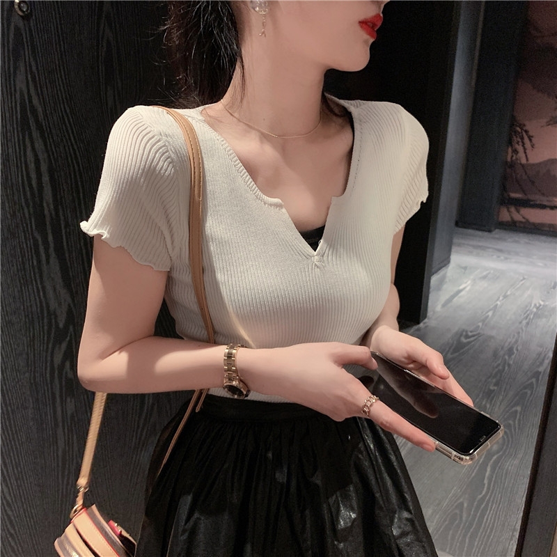 Net đỏ bật sling đáy v-cổ sexy dệt kim ins gió thanh lịch top siêu lửa chặt chẽ ngắn tay mùa hè áo thun nữ