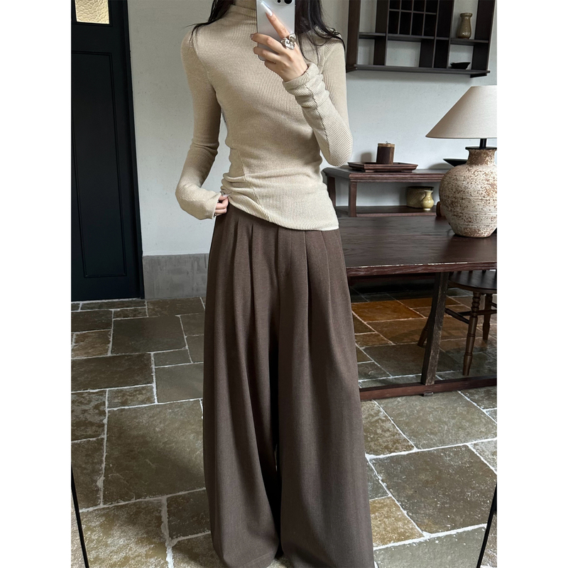 5Werkwen Rattan Series Brushed Multi-Pleated Design Flat Waistband Wabi-Sabi Wide-Leg Casual Pants