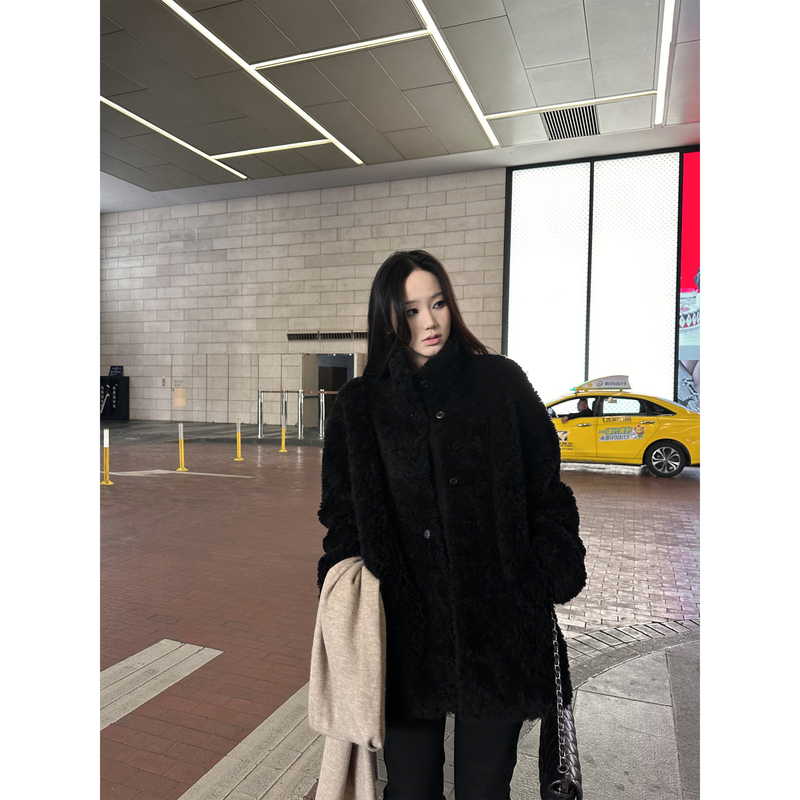 5Werkwen Lazy Winter Stand Collar Lamb Fur One-Piece Fur Coat Black Thickened Outerwear for Women in Autumn and Winter