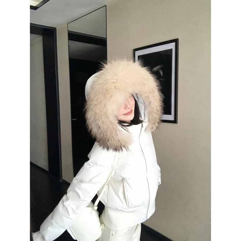 5Werkwen Little Seagull Waist-Tightening down Jacket 90% White Duck down Detachable Extra Large Raccoon Fur Collar Short down Jacket