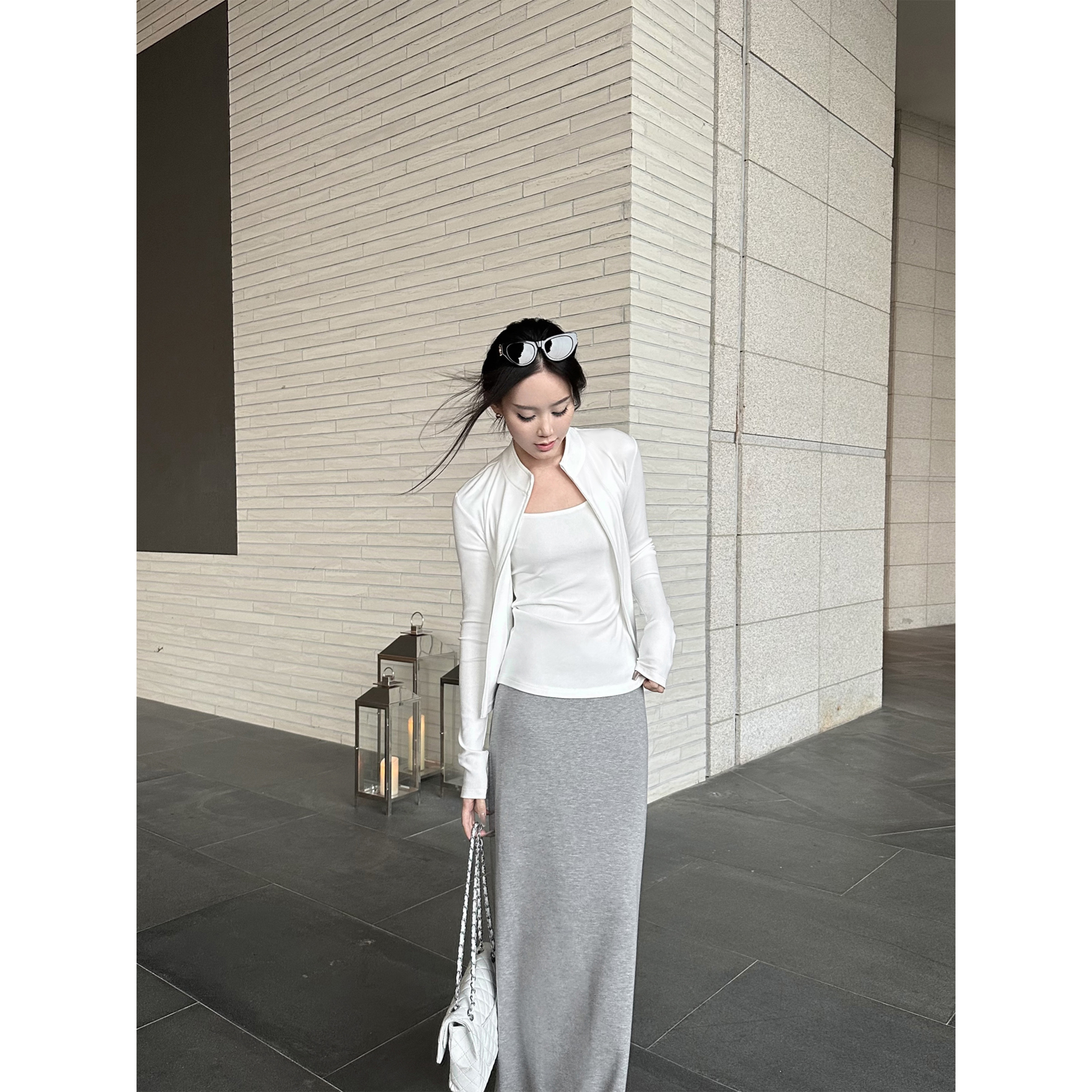 5werkwen 怠惰な日常の2色の基本のゆったりとしたスリムな怠惰なニットスカートヒップスカートロングスカート