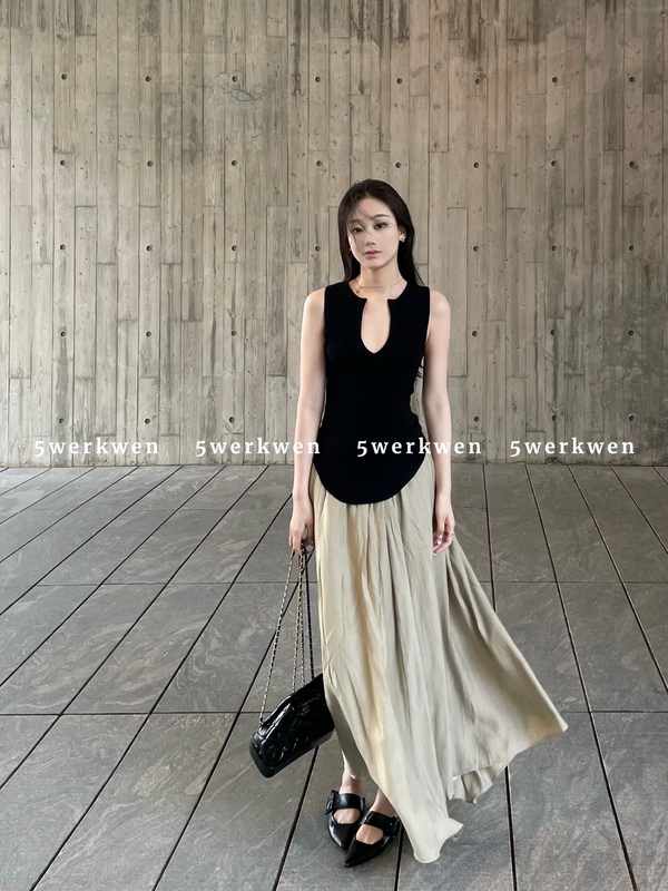 5Werkwen Rattan Skirt for Women, Summer Simple and Casual Loose Pleated Hip-Covering Long Skirt