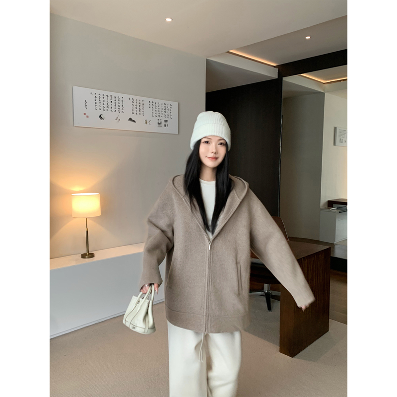 5Werkwen Maxmar* Double-Sided Wool Sweatshirt Hooded Zipper Sheep Wool Cashmere Short Woolen Coat for Women