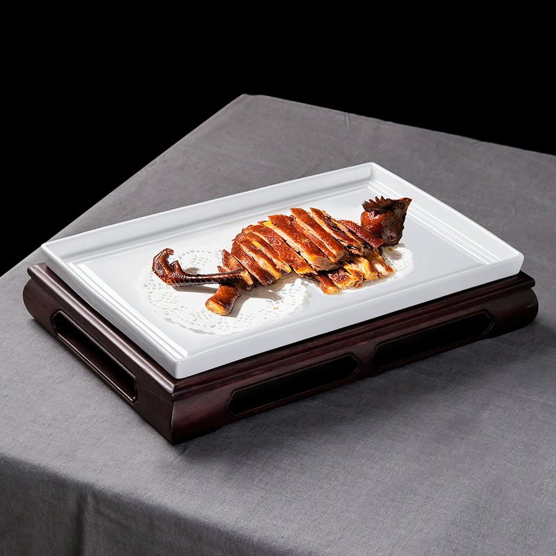 Antique-Style Bamboo and Wood Creative Combination Plate, Ceramic Pure White Rectangular Plate, Private Dining Room Clubhouse Tableware 