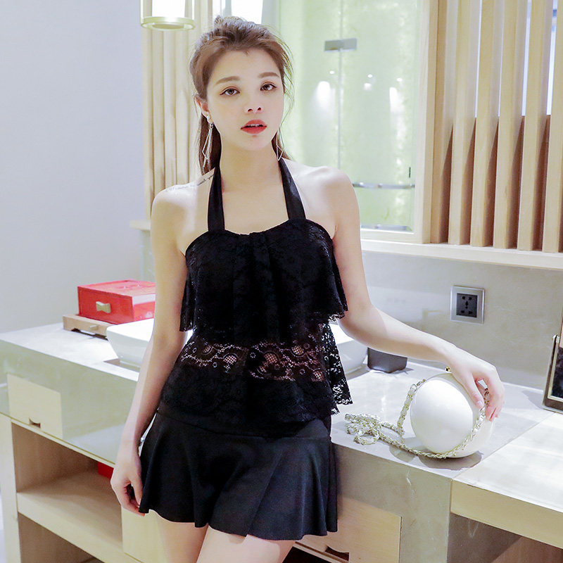 Sexy swimsuit women's Korean ins two style skirts teenage girls black lace small breasts for slim swimwear