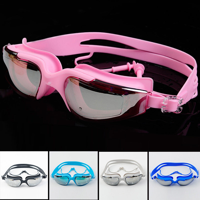 Swimming glasses HD waterproof anti-fog swimming glasses male and female large frame plated mirror with earplug swimming goggles