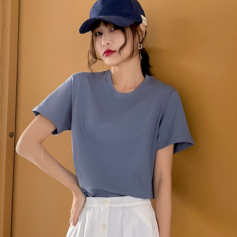 Fog Bluepure cotton white Short sleeve T-shirt female have cash less than that is registered in the accounts Solid color Half sleeve Undershirt 2021 summer new pattern easy Korean version ins tide