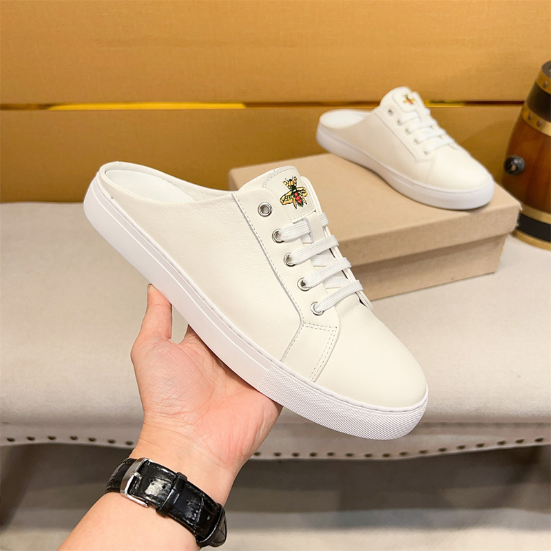 First-Layer Cowhide White Slip-On Shoes for Men, Backless Outdoor Lazy Half-Slipper Shoes, Genuine Leather Breathable Versatile Men's Shoes