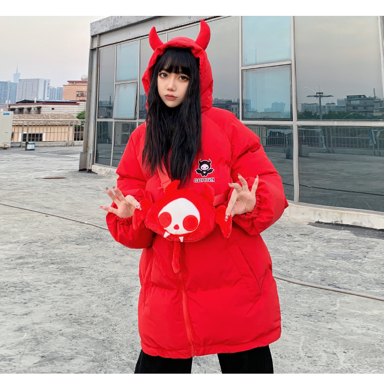 Devil Horns Hooded Padded Parka Jackets with Doll for Women