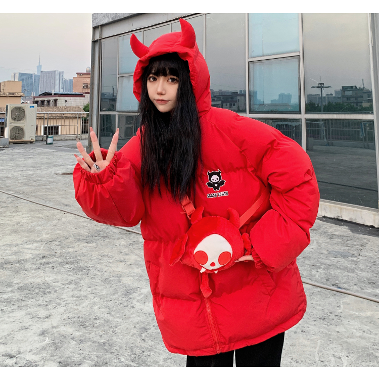 Devil Horns Hooded Padded Parka Jackets with Doll for Women