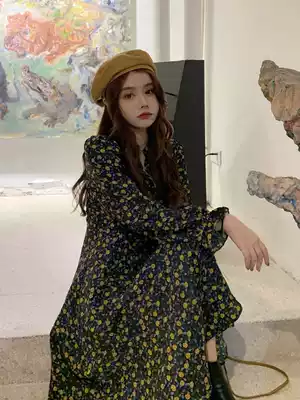 Winter temperament goddess fan clothes with a long skirt floral base chiffon dress autumn and winter long version