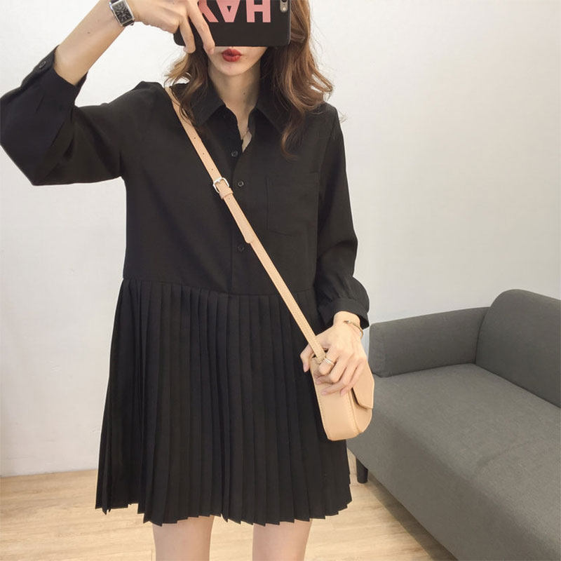 Women's Spring 2020 New Shirt Dress Medium Long Edition French Retro Black Skirt Long Sleeve Dress Children Spring and Autumn