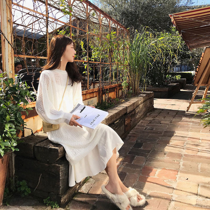 Early autumn new women's 2019 smart smoked skirt long French Platycodon grandiflorum early autumn white knitted long sleeve jumpsuit