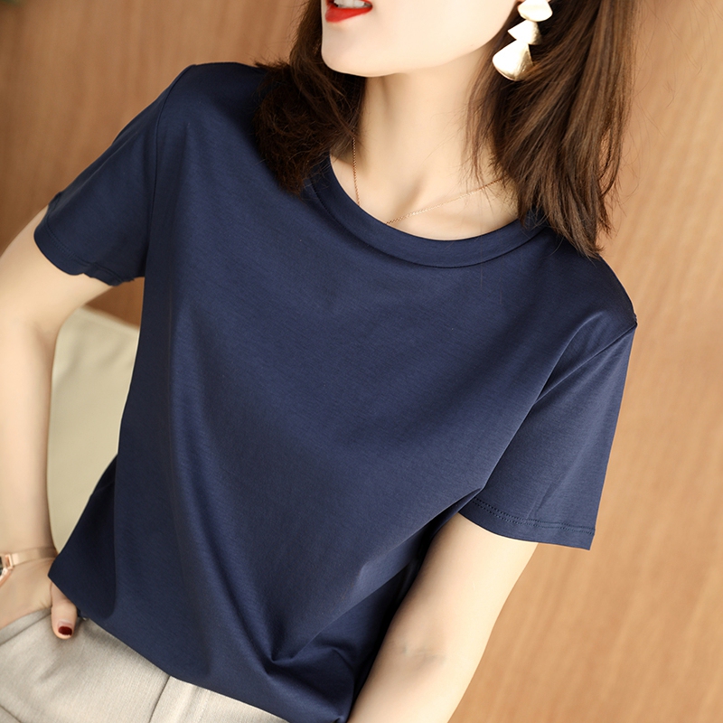 80-Count Double-Sided Mercerized Cotton T-Shirt for Women, Round Neck, Loose Fit, Slimming, 2026 New Summer Style, Pure Cotton Short-Sleeve Base Layer, Regular Shoulder
