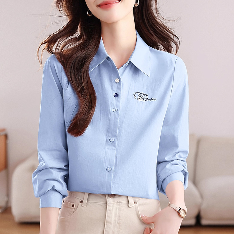 Pure Cotton Shirt for Women 2026 Spring New Style Fresh and Artistic Cat Embroidery Lyocell Blue Shirt Long-Sleeved Top