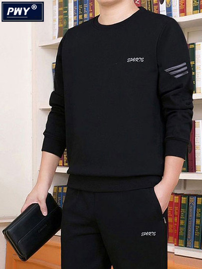 Traje deportivo informal de marca de moda para hombre, sudadera y pantalones de chándal holgados con cuello redondo de otoño e invierno, además de conjunto de dos piezas de negocios de terciopelo y engrosado