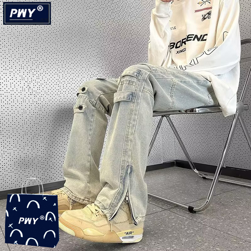 Trendy American High Street Workwear Jeans for Men, Spring and Autumn, Loose Straight-Leg Zipper Slit Flared Casual Long Pants