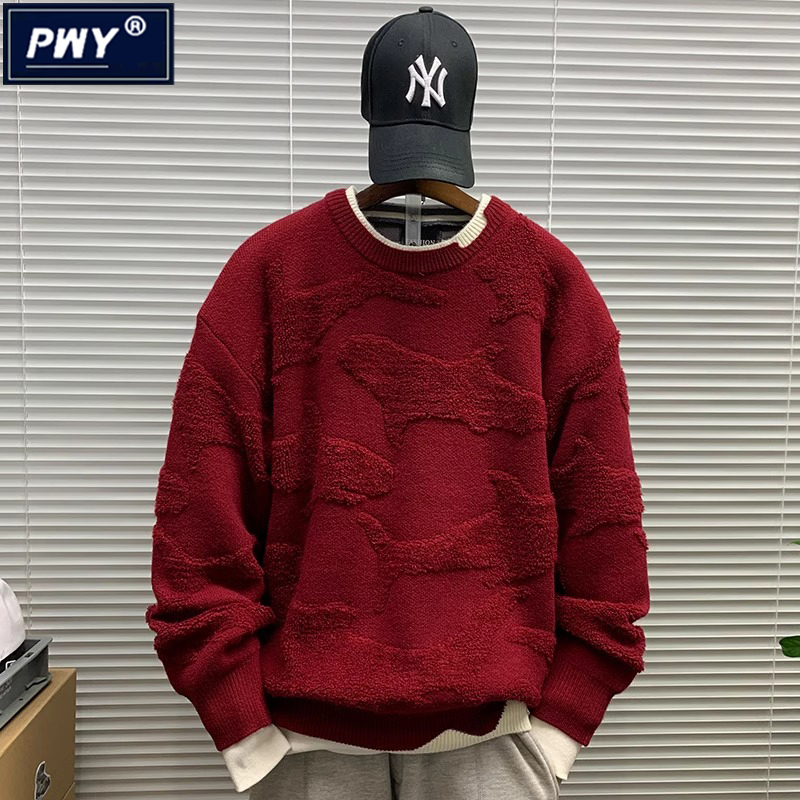 Trendy Brand Fake Two-Piece Round Neck Red Sweater for Men, Winter New Year Zodiac Year Loose Casual Warm Christmas Knitwear