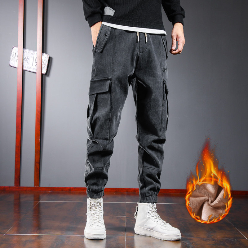 Tide Card 2022 Autumn Winter Plus Suede Casual Loose Straight Drum Kharen Pants Small Footed Fit Pants Men Trends 100 Lap Pants