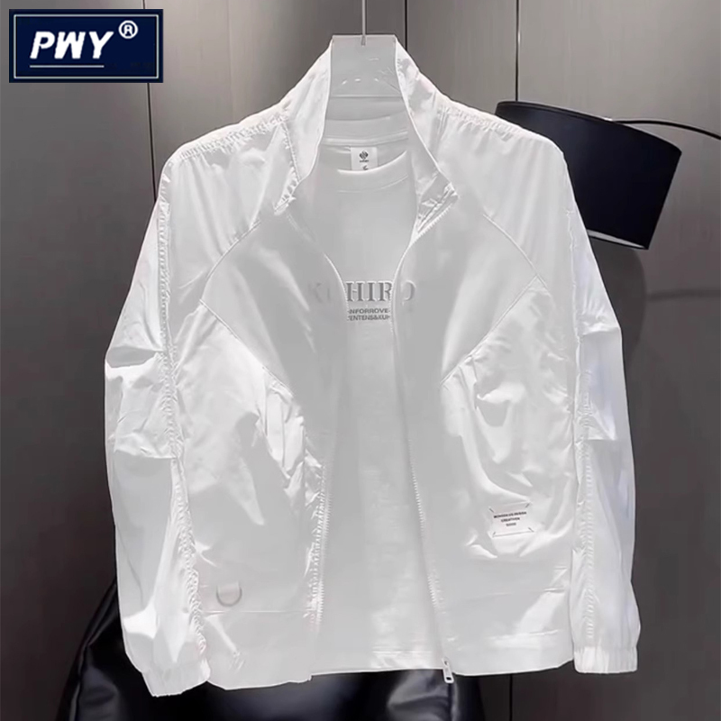 Trendy Brand Stand-Up Collar Jacket for Men, Summer 2026 New Slim-Fit White Workwear Top, Short Casual Sun-Protective Coat