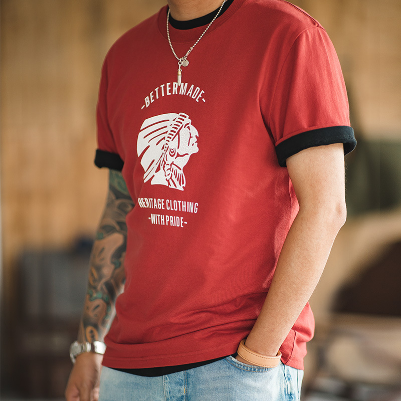 American retro chief embroidered short-sleeved Ami khaki vintage casual old T-shirt