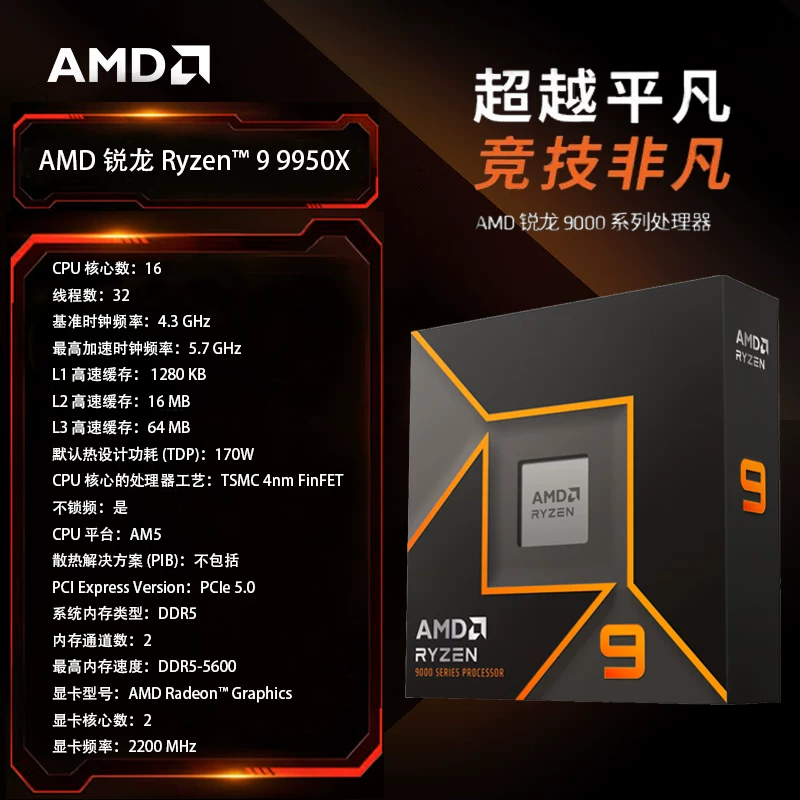 Ядро AMD Ryzen5/7/9 Ruilong 9500F/9600X/9700X/9800X3D/9950X3D2 в коробке процессор