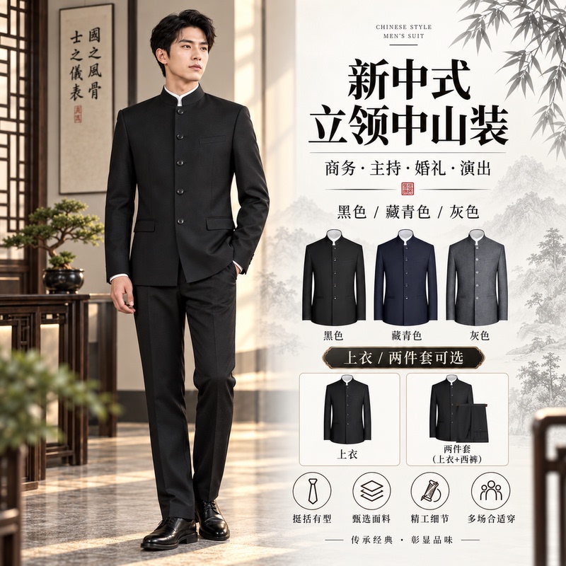 Men's Zhongshan Suit with Stand Collar, Slim-Fit Business Formal Wear, Suitable for Hosting Weddings, Performances, Group Purchases, Top and Trousers Style Men's Zhongshan Suit with Stand Collar, Slim-Fit Business Formal Wear, Suitable for Hosting Weddings, Performances, Group Purchases, Top and Trousers Style