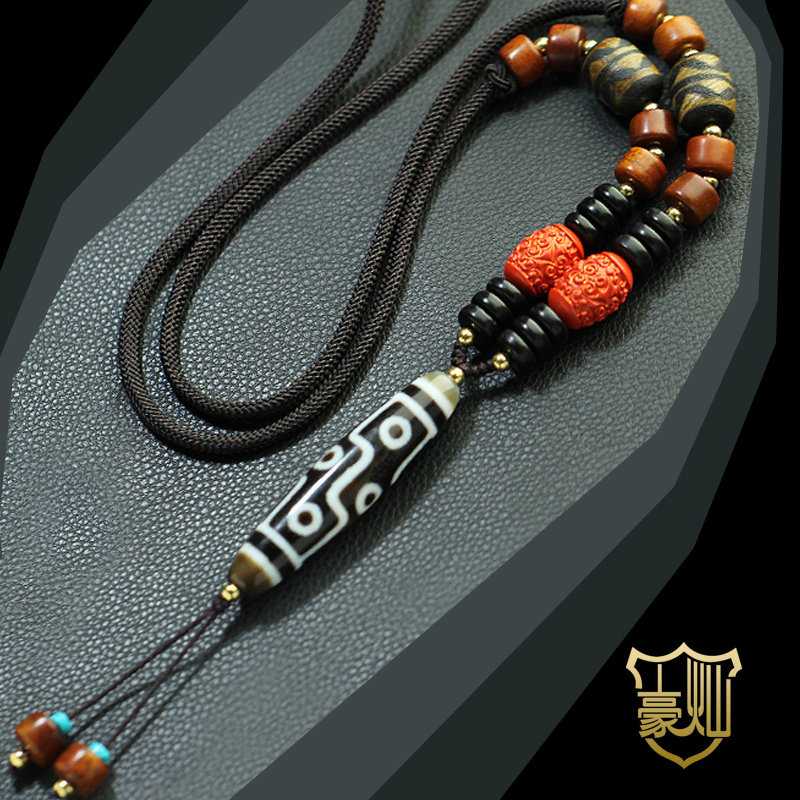 Tibet Nine Eyes Dzi Necklace Pendant Cinnabar Beef Bone Duobao Tiger Tooth Dzi Necklace Pendant Male and Female Couple Dzi Dzi